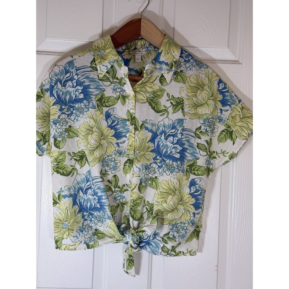 Cato Green Blue Floral Coastal Boho Cottage Button Up Top Size Large Summer